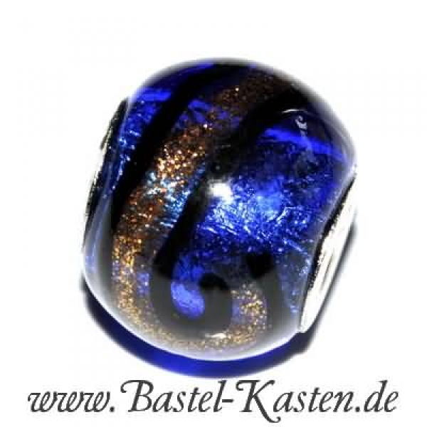 Designerglasperle mit 4mm Lochdurchmesser  blau  Echtsilber-Lochhülse (1 Stück)