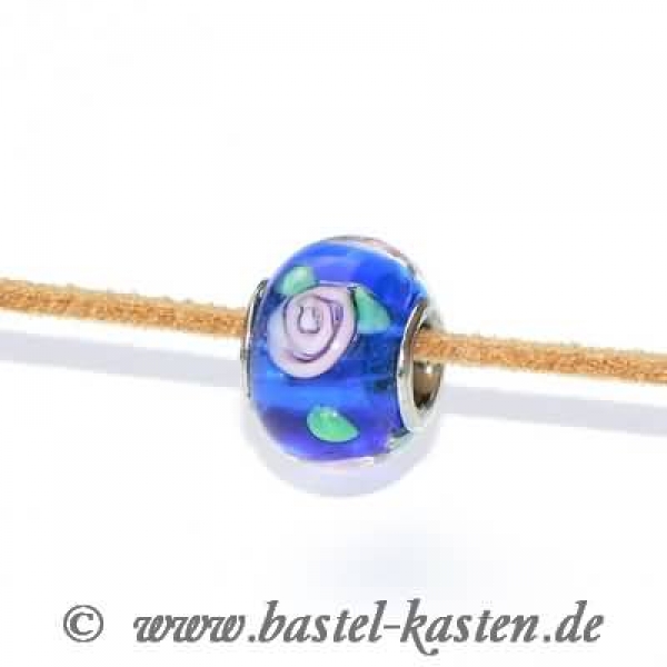 Designerglasperle mit ca. 4mm Lochdurchmesser  blau mit Blüten (1 Stück)