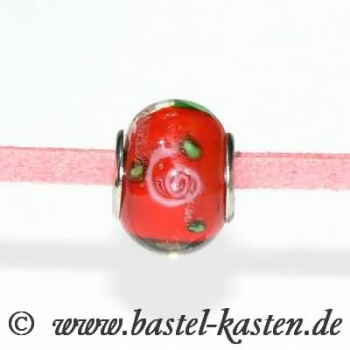 Designerglasperle mit ca. 4mm Lochdurchmesser  rot mit Blüten (1 Stück)