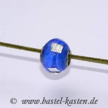 Designerglasperle mit ca. 4mm Lochdurchmesser  blau mit Silberquadraten (1 Stück)
