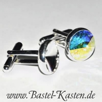 Preview: Manschettenknopf mit Kessel für Swarovski Rivoli 1122 8mm  versilbert  massive Ausführung(1 Paar)