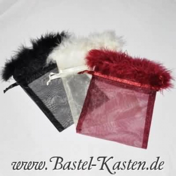 Preview: Organzabeutel ca. 7 cm x 10 cm  weiß mit Federn (1 Stück)