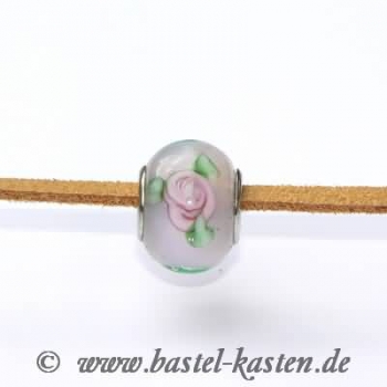 Designerglasperle mit ca. 4mm Lochdurchmesser  rosa mit Blüten (1 Stück)